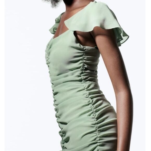 Zara Green Cottagecore Preppy Feminine Flowy Ruffled Fitted Summer Mini Dress M - Picture 2 of 13